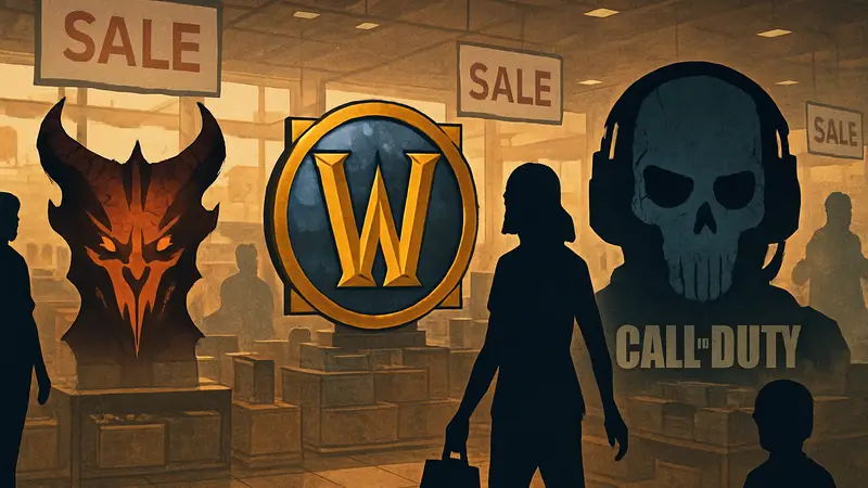 Логотипы игр Blizzard: Diablo, World of Warcraft, Call of Duty на фоне распродажи