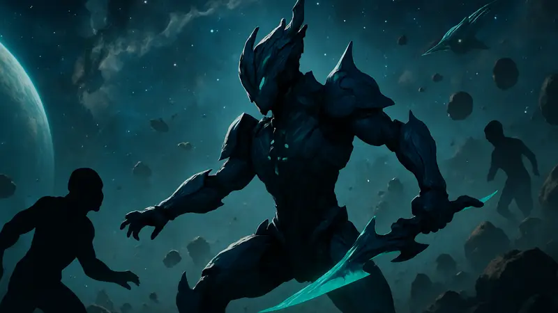 Изображение нового Протофрейма из Warframe Jade Shadows Constellations, сражающегося в космическом сеттинге.