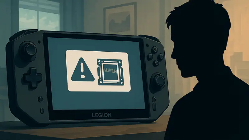 Портативная игровая консоль Lenovo Legion Go, на экране отображается уведомление о проблемах с драйверами AMD Ryzen Z1E