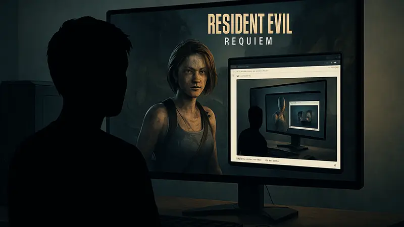 Геймерский монитор, отображающий Resident Evil Requiem и скриншот Reddit