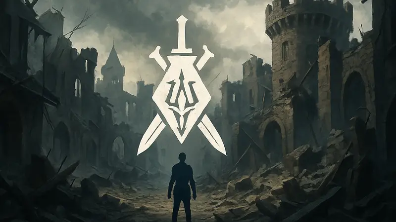 Логотип игры The Elder Scrolls: Blades на фоне разрушенного города, символизирующий закрытие проекта.