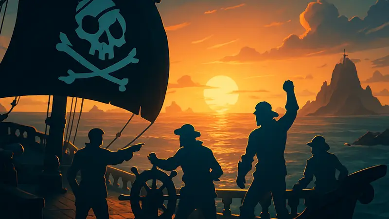 Пираты плывут на корабле в Sea of Thieves во время заката, анонс 19 сезона.