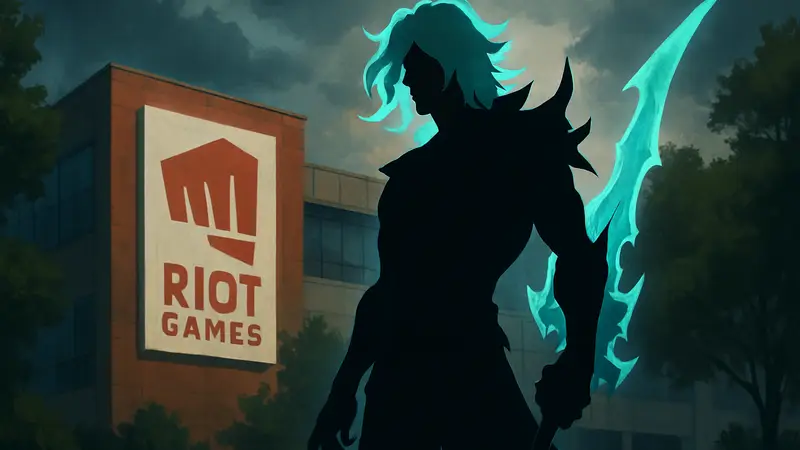 Чемпион Вьего из League of Legends на фоне логотипа Riot Games, символизирующий предстоящие изменения