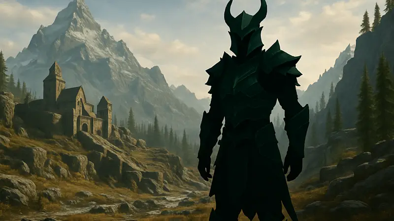 Скриншот из Skyrim с персонажем, демонстрирующим уникальную кастомную броню из мода.
