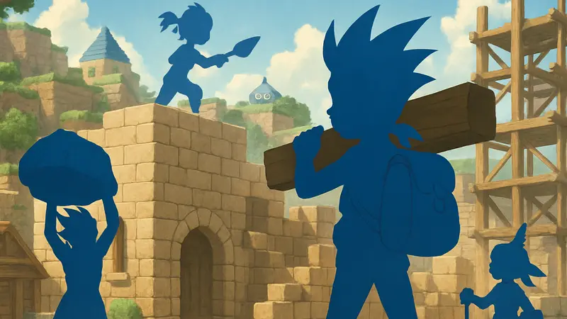 Персонажи из Dragon Quest Builders 2 строят сооружения в игровом мире.