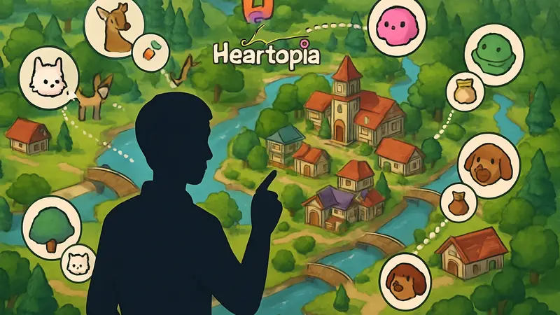 Карта Heartopia с отм етками локаций животных и их любимой еды в игре.