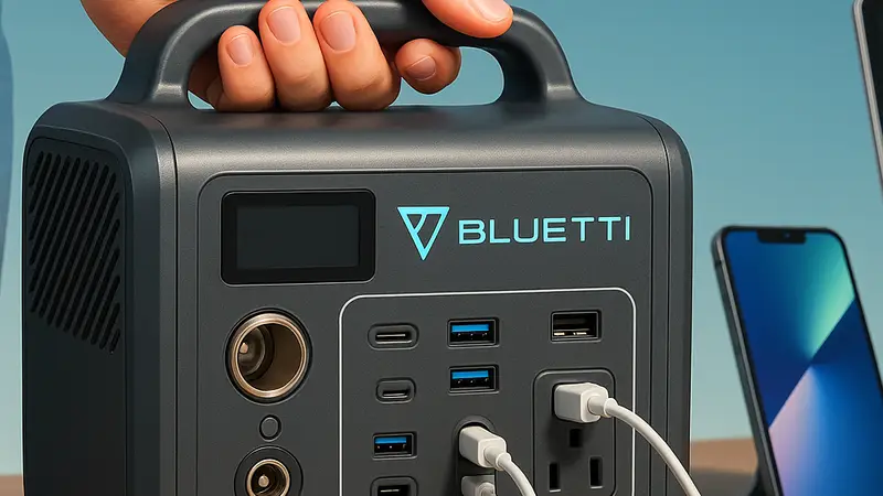 Изображение портативной зарядной станции BLUETTI Mini, демонстрирующее её компактный размер и различные порты для зарядки устройств.