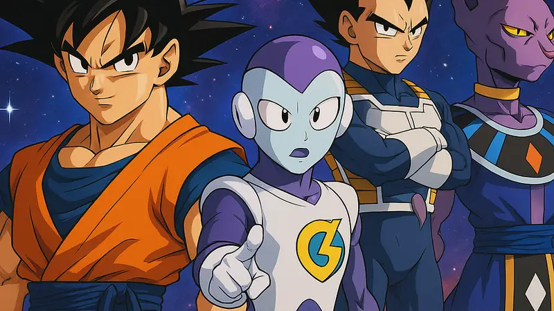 Гоку и другие персонажи Dragon Ball на фоне космического пейзажа, символизирующие новое аниме «Галактический патруль».