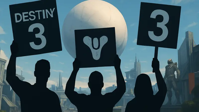 Группа фанатов Destiny 2, держащих плакаты с призывом к разработке Destiny 3
