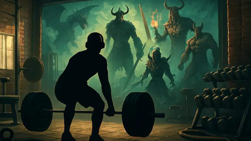 Изображение с элементами спортзала и игровыми персонажами на фоне эпичных саундтреков из игр