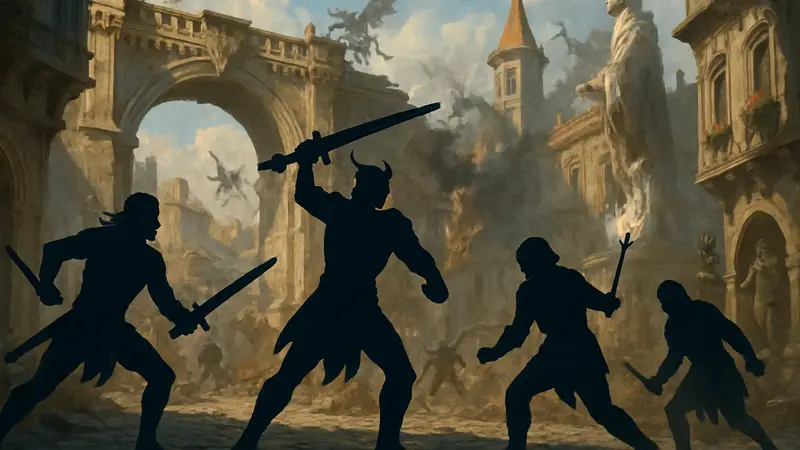 Фанарт или скриншот Baldur's Gate 3, где персонажи сражаются в городе, символизирующем третий акт игры