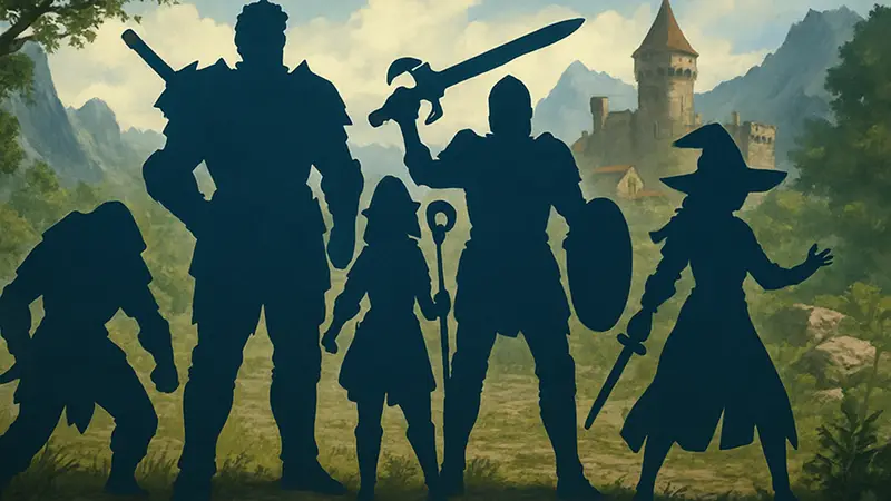 Группа разнообразных RPG-компаньонов, стоящих вместе, демонстрируя свои уникальные дизайны и боевые стойки