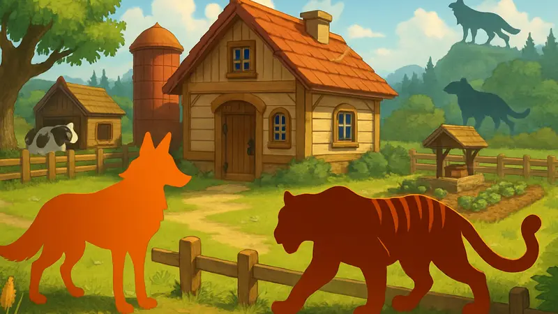 Изображение фермы из Harvest Moon с силуэтами диких животных (волков и тигров) на заднем плане.