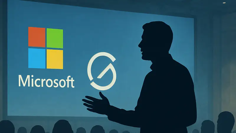 Мустафа Сулейман, глава Microsoft AI, выступает на конференции на фоне логотипов Microsoft и Anthropic.