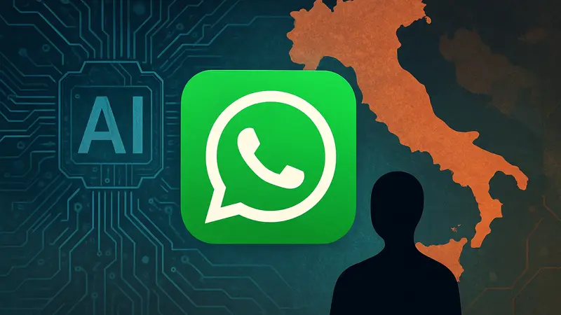 Логотип WhatsApp на фоне элементов искусственного интеллекта и карты Италии, символизирующий новую политику монетизации.