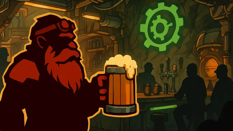 Дварф держит кружку пива в баре Deep Rock Galactic: Rogue Core, гайд по напиткам.