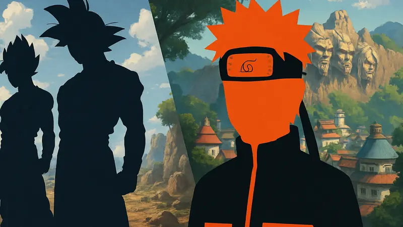 Коллаж из главных персонажей аниме Наруто и Драгон Болл, с акцентом на Наруто
