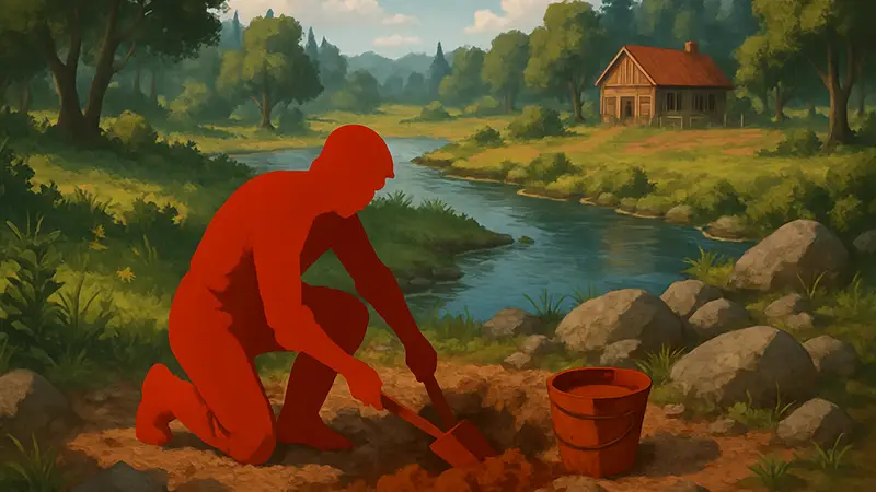 Игрок добывает глину на берегу реки в Romestead. Скриншот из игры, гайд по ресурсам.