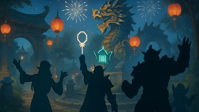 Изображение из World of Warcraft с персонажами, отмечающими Лунный Фестиваль 2026, на фоне праздничных декораций.