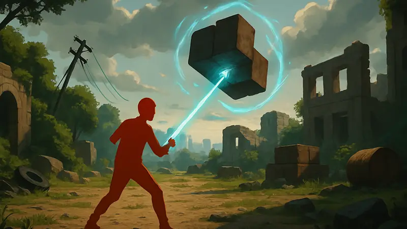 Скриншот из игры с открытым миром, где персонаж использует физические возможности для манипуляции объектами.