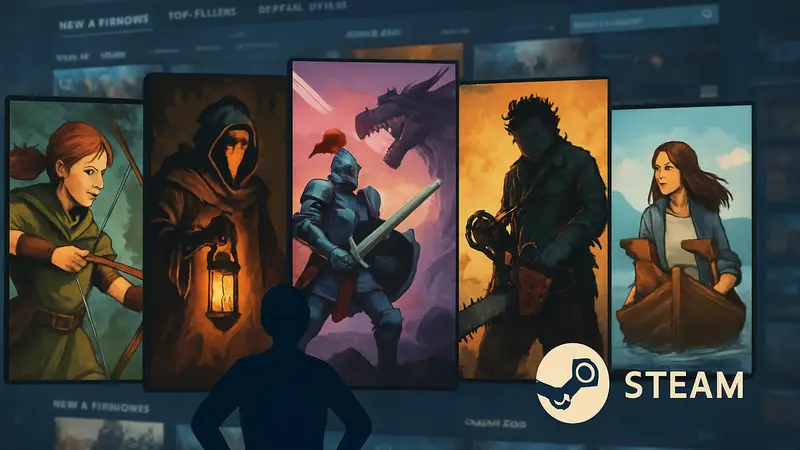 Обложки пяти новых игр Steam на фоне игрового интерфейса платформы, символизирующие свежие релизы.