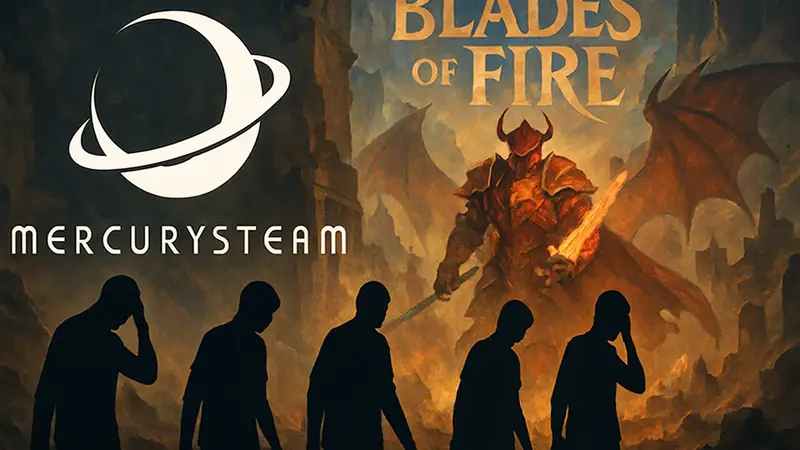 Логотип студии MercurySteam на фоне обложки игры Blades of Fire, символизирующий новости о сокращениях.