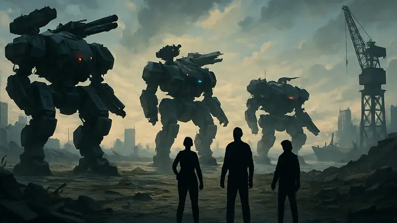 Кадр из кинематографического трейлера War Robots с гигантскими боевыми Титанами перед обновлением Shadow over Shore.