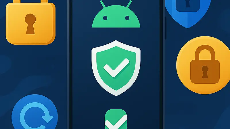 Изображение смартфона Android с символами безопасности и замками, олицетворяющими новые антикражные функции Google.