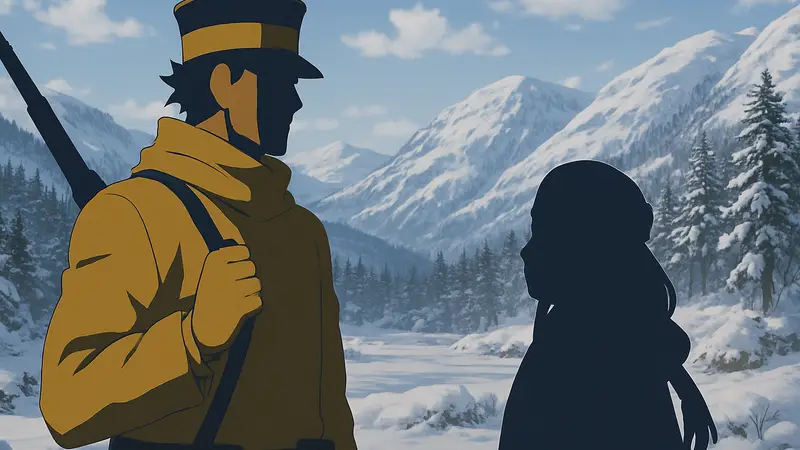 Кадр из аниме Golden Kamuy с Сугимото и Асирпой на фоне заснеженной местности.