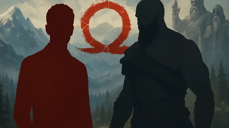 Каллум Винсон и актер, играющий Кратоса, на фоне логотипа God of War
