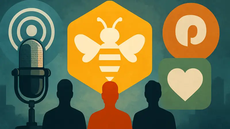 Логотип Beehiiv на фоне символов подкастинга и конкурентных платформ