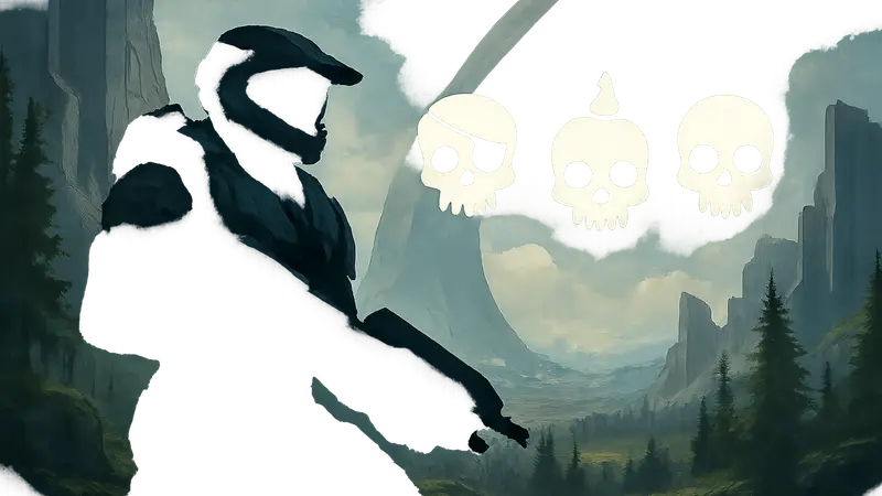 Логотип Halo Campaign Evolved с изображением черепов Eye Patch, Grunt Birthday Party и Efficient Skulls.