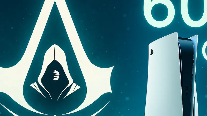 Логотип Assassin's Creed и консоль PlayStation 5, символизирующие обновление до 60 FPS.
