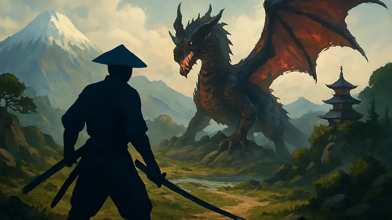 Герой Ghost of Yotei Legends готовится к битве с драконом на фоне фэнтезийного пейзажа.