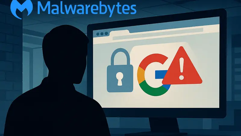 Логотип Malwarebytes и предупреждение о фишинговой странице Google с иконками замка и угрозы