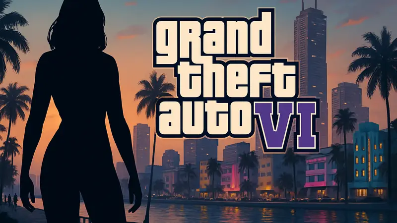 Логотип GTA VI на фоне Vice City, баннер игры ГТА 6, Rockstar Games