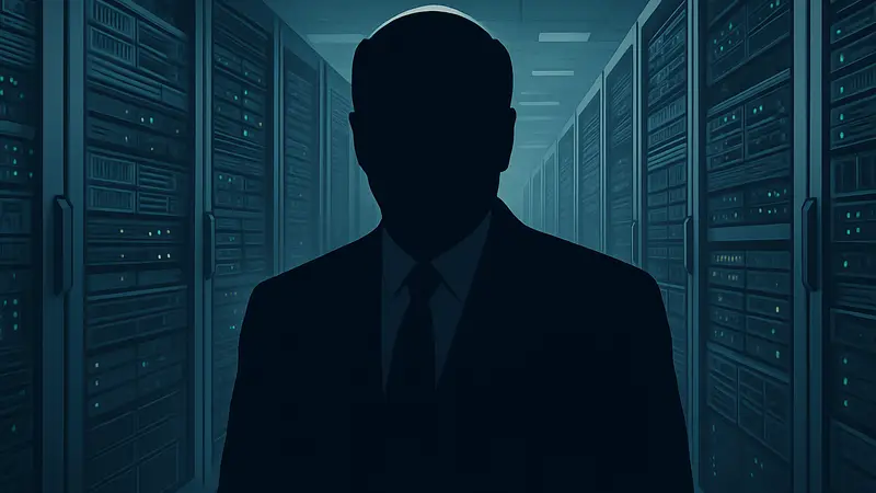 Изображение Кевина О'Лири на фоне символического изображения крупного дата-центра или сервера, отражающего технологическую тему.