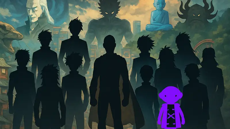 Коллаж из 9 непобедимых аниме-персонажей, включая Сайтаму и Зено Саму.