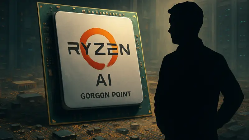 Рендер процессора AMD Ryzen AI 400 с логотипом и названием серии Gorgon Point