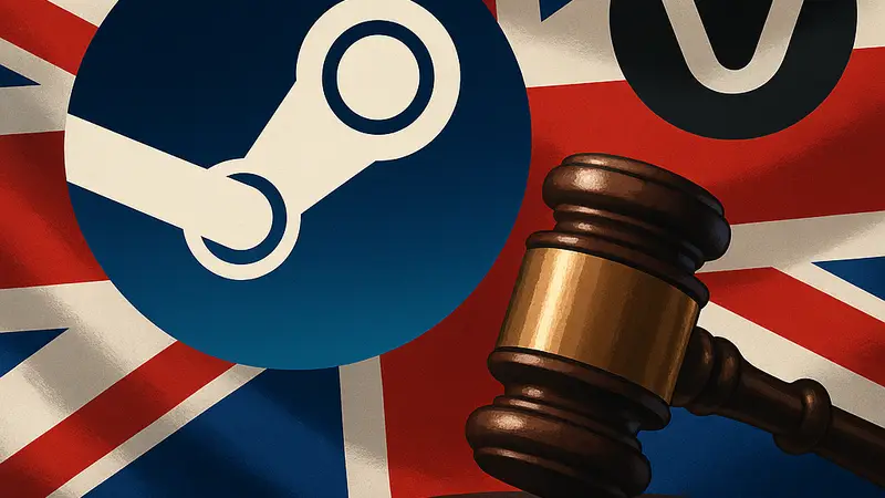 Логотип Steam или Valve на фоне британского флага, символизирующий судебный иск