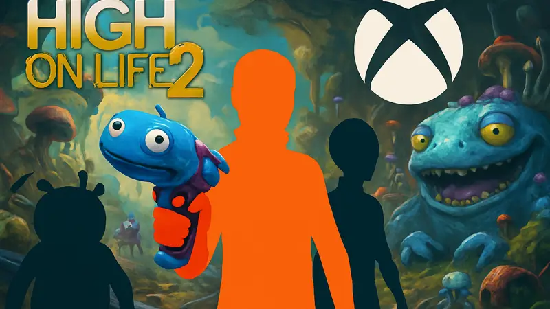 Скриншот или обложка игры High On Life 2 с оружием и инопланетными персонажами, на фоне логотипа Xbox Series X|S.