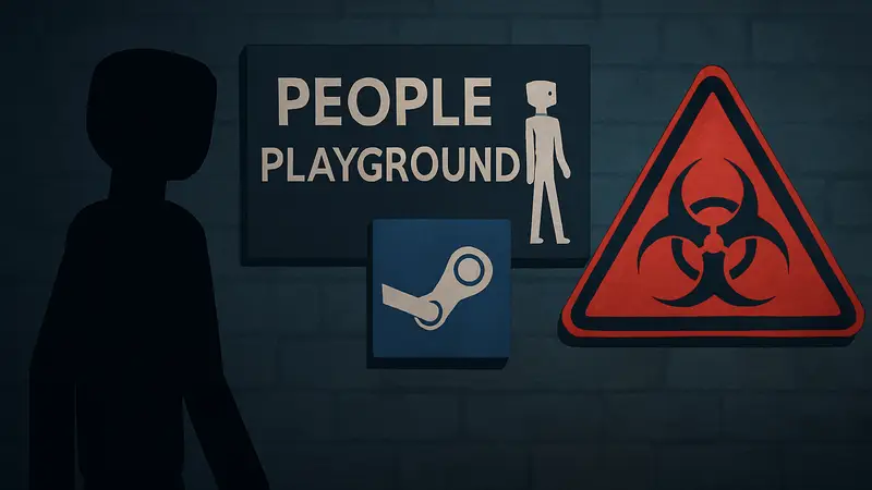 Логотип игры People Playground с иконкой Steam Workshop и предупреждающим знаком вируса.