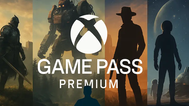 Логотип Xbox Game Pass Premium с фоном, демонстрирующим несколько популярных игр.