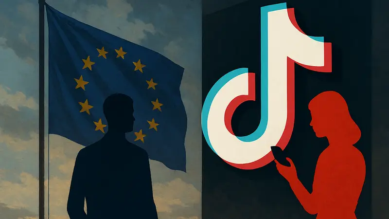 Логотип TikTok и флаг ЕС, символизирующие конфликт из-за «зависимого дизайна» соцсети.