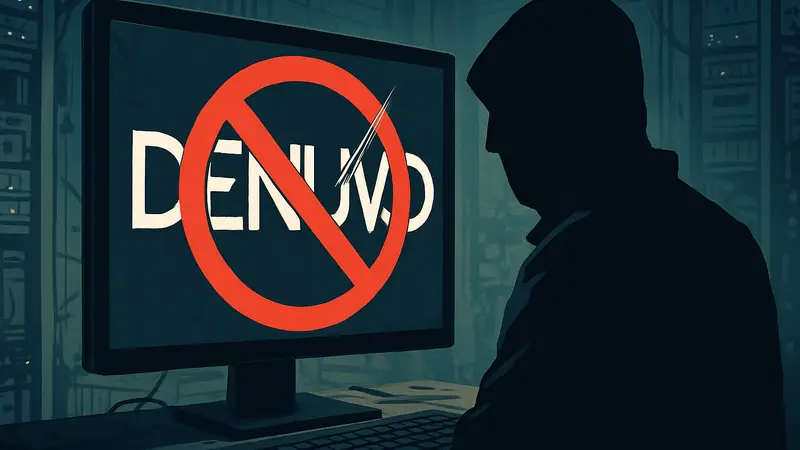 Логотип Denuvo, перечеркнутый символом взлома или хакера