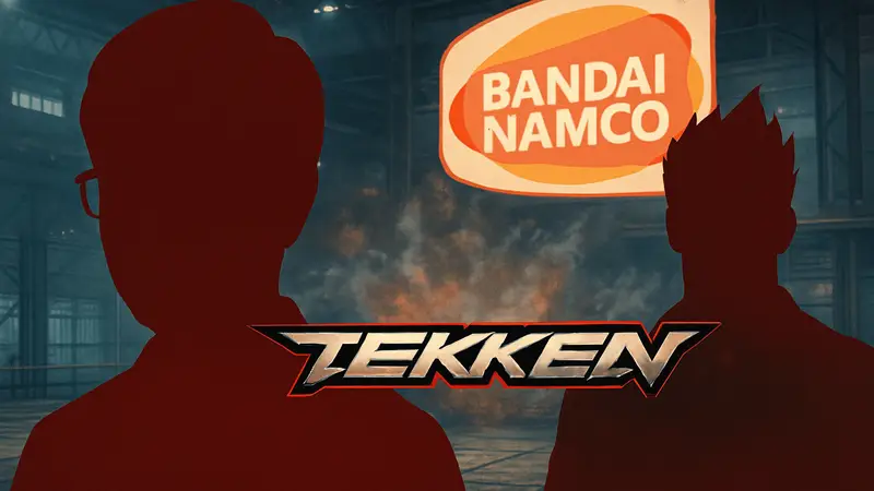Изображение логотипа Tekken на фоне силуэта Кацухиро Харады и Bandai Namco.