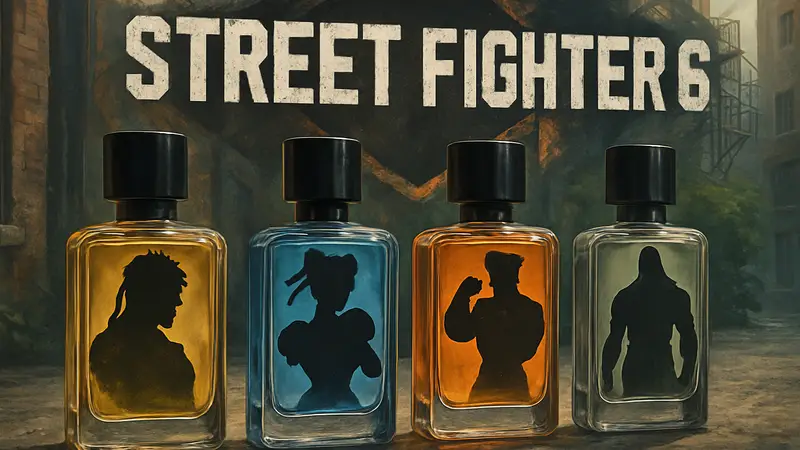 Флаконы игровых ароматов, вдохновленных персонажами Street Fighter 6, на фоне логотипа игры.