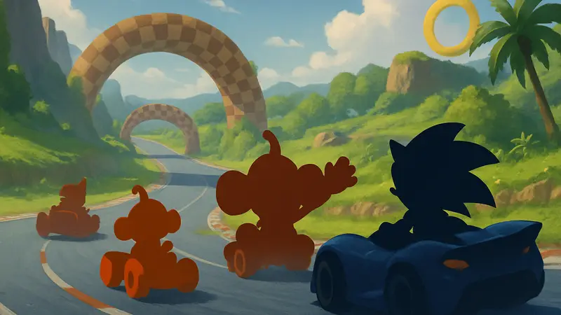 Персонажи Sonic Racing: CrossWorlds и Super Monkey Ball на гоночной трассе.