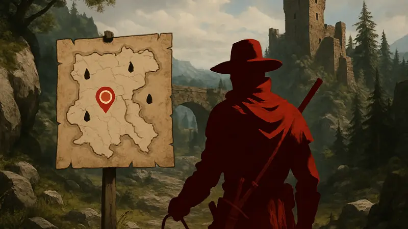 Охотник за головами в мире Crimson Desert, ищет цель по имени Бликс, карта с маркерами