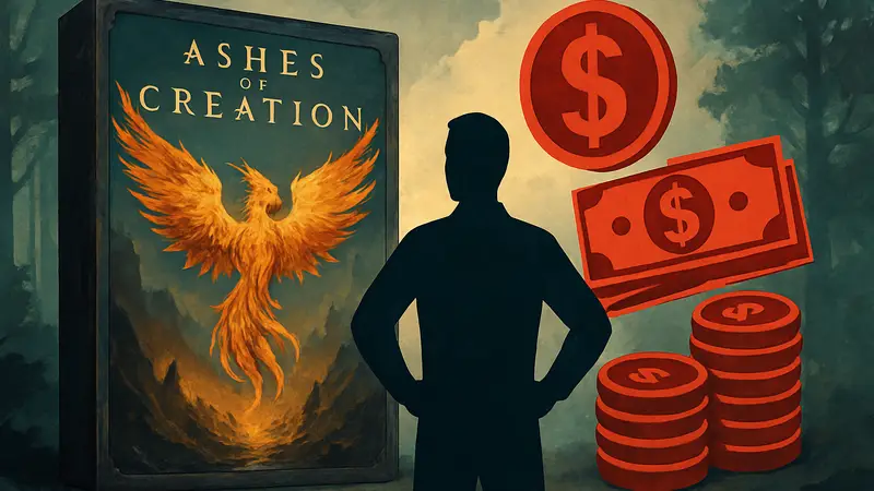 Обложка игры Ashes of Creation и символы денег, иллюстрирующие скандал с Kickstarter